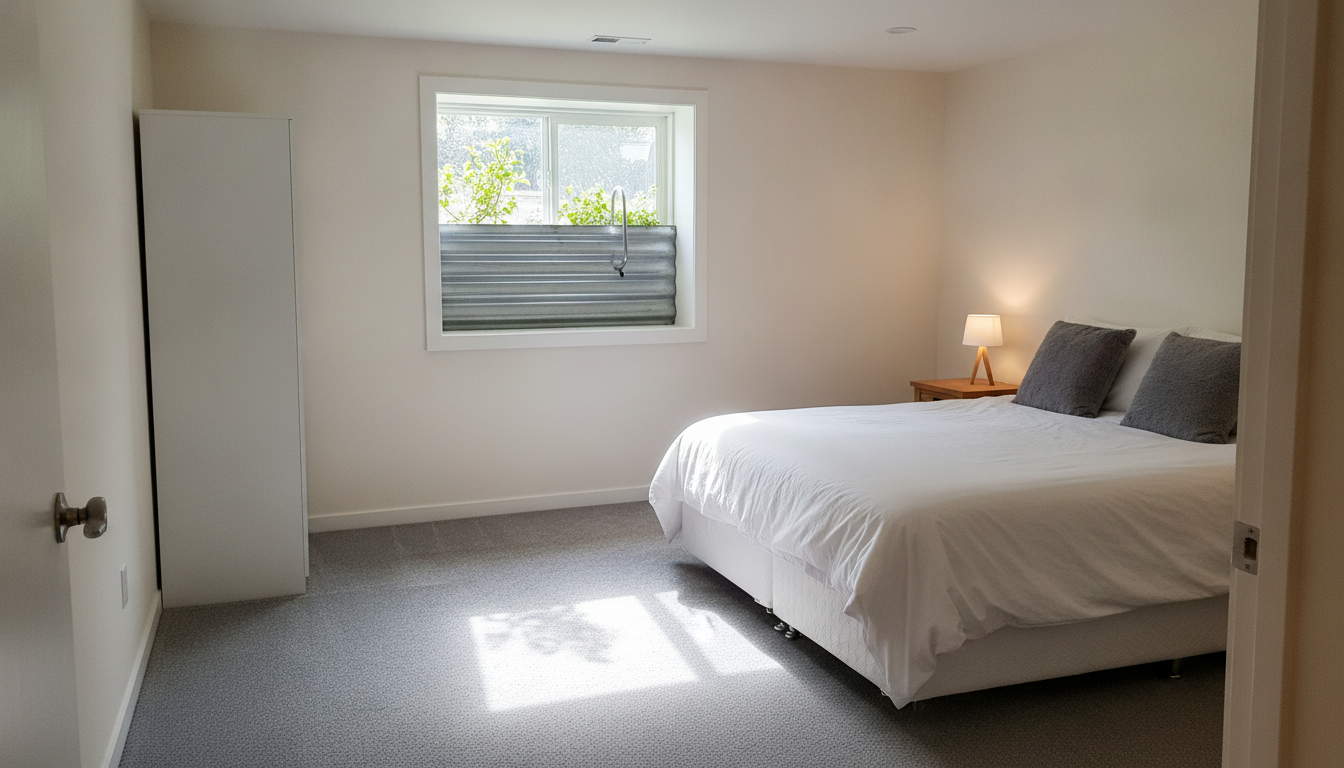 AI basement design generator result: a finished basement guest bedroom seen from the doorway, with soft grey carpet, warm white walls, a white bed with grey cushions, an oak bedside table and a window opening into a corrugated metal window well with daylight and green planting above it. This is the only one of the six that engages with the thing that actually makes a basement bedroom legal, and the parts it gets right matter: the galvanised corrugated well liner, the daylight dropping down the well and landing in a bright patch on the carpet, the planting at grade above, and the depth of the reveal around the window. The detail falls apart the moment you treat it as a code drawing. The well is barely half the height of the window, which puts grade almost at the head and makes the excavation look free. What was asked for as a ladder is a single curved grab handle, and one rung is not a means of escape. The window is a two panel slider whose operable half would be far too narrow to make the required net clear opening. There is no drainage in the well. There is no smoke alarm and no carbon monoxide alarm anywhere in a room being sold as a place to sleep. Two downlights were specified and one arrived, and the wardrobe is a blank white box with no door line and no handle.