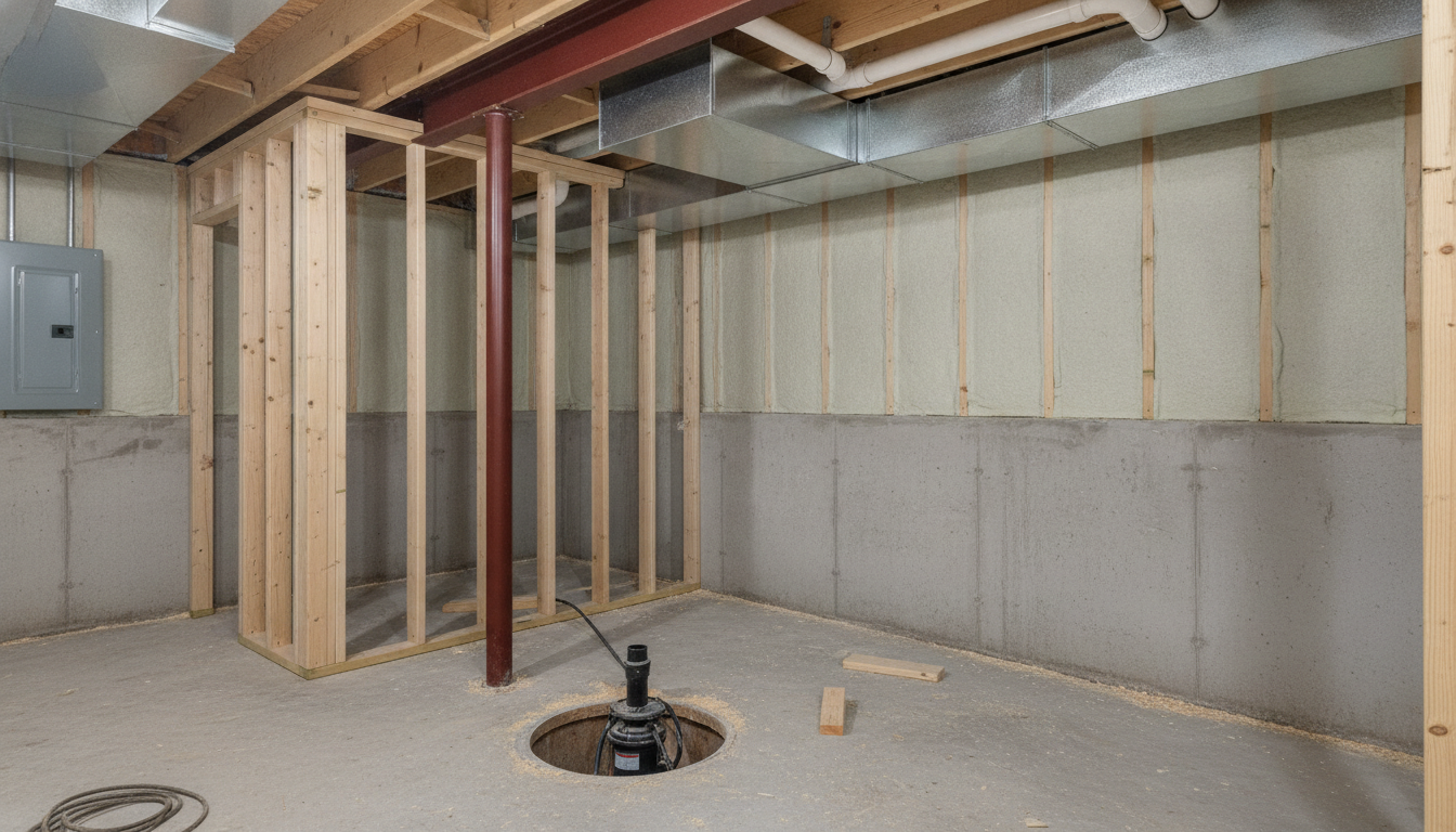 AI basement design generator result: an unfinished basement mid-framing, with a poured concrete foundation wall, spray foam insulation on the upper half, timber studs, a red steel lally column under a red steel beam, floor joists overhead carrying a galvanised trunk duct and white PVC drain lines, a grey electrical panel and an open sump pit in the slab. Half of this is the most useful picture on the page, because almost no design tool will show you a basement with the drywall off. The form tie marks and the cold joint in the concrete are right, the trunk duct with its branch takeoff is right, the sump pit with a pump and a discharge pipe sitting in the slab is right, and the sawdust, offcuts and coiled cable make it read as a site rather than a render. The other half is worth arguing with. The insulation stops in a hard horizontal line halfway down the wall, leaving the below-grade half — the cold, damp half — bare, which is precisely backwards. The column meets the slab with no base plate and no anchor bolts. The panel is mounted on bare concrete with not one cable or conduit entering it. The studs in the partition on the left sit at three different spacings and several never reach a top plate. The rim joist is uninsulated, the sump pit is uncovered and unvented, and nothing in the frame acknowledges how little headroom is left under that duct.