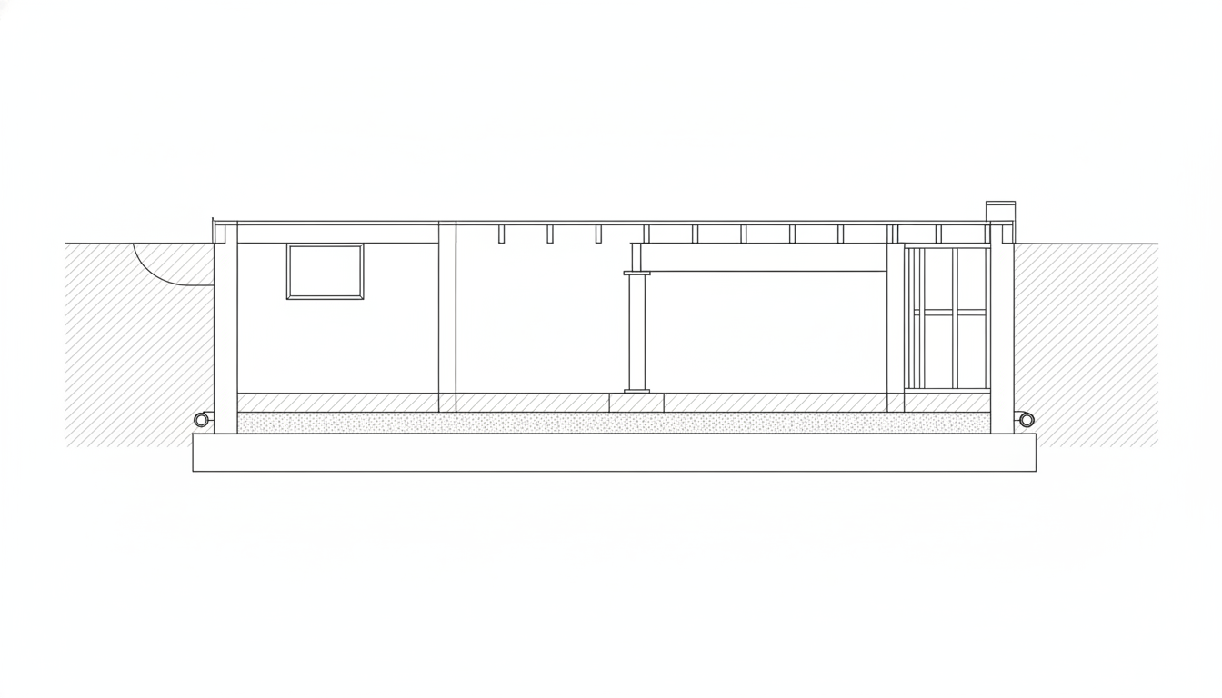 AI basement design generator result: a line drawing cross section through a basement, showing hatched soil on both sides, a wide concrete footing, foundation walls, a floor slab over a dotted gravel bed, small circular drain pipes at the base of the footing on each side, an interior partition, a column on a pad and floor joists spanning overhead. It is clean, square and completely free of text, which makes it the most useful of the six to put in front of a builder, and it is also the clearest picture of what these drawings leave out. The two drain pipes at the footings and the gravel under the slab are genuinely correct and are the details homeowners never see. Everything above the joists is a thin lid with no house on it, when the floors above are the reason the column and the beam are there at all. That beam spans only part of the width and then stops in mid air. The window on the left is drawn in the wall with no window well outside it, and the only thing near it is a quarter circle arc floating in the soil that reads as a door swing buried underground. The slab is hatched in some bays and left blank in others. There is no stair anywhere, which is the one element a basement section most needs, and there is not one dimension on it.
