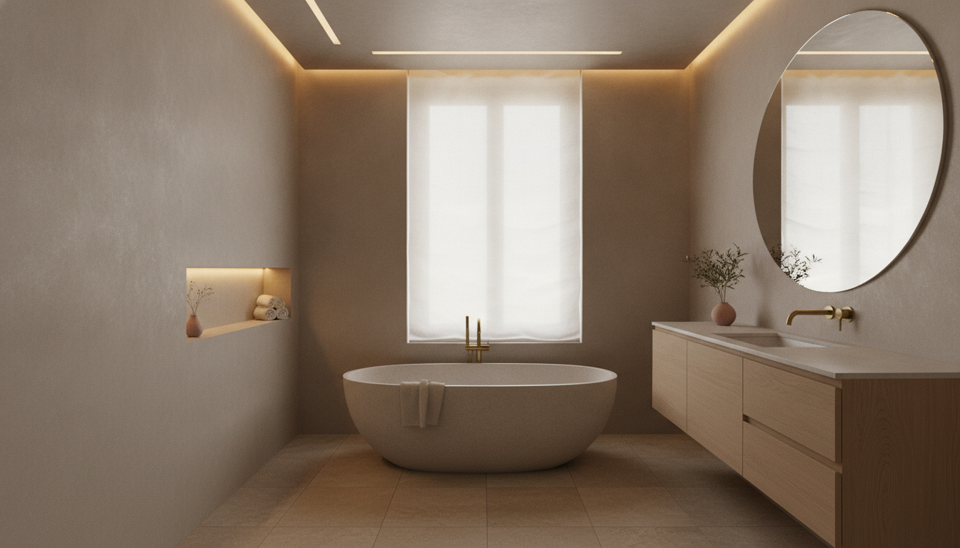 AI bathroom design generator result in modern spa style: warm greige microcement walls, a freestanding oval stone tub beneath a shaded window, a floating light oak vanity with a round mirror, brushed brass tapware and a lit wall niche