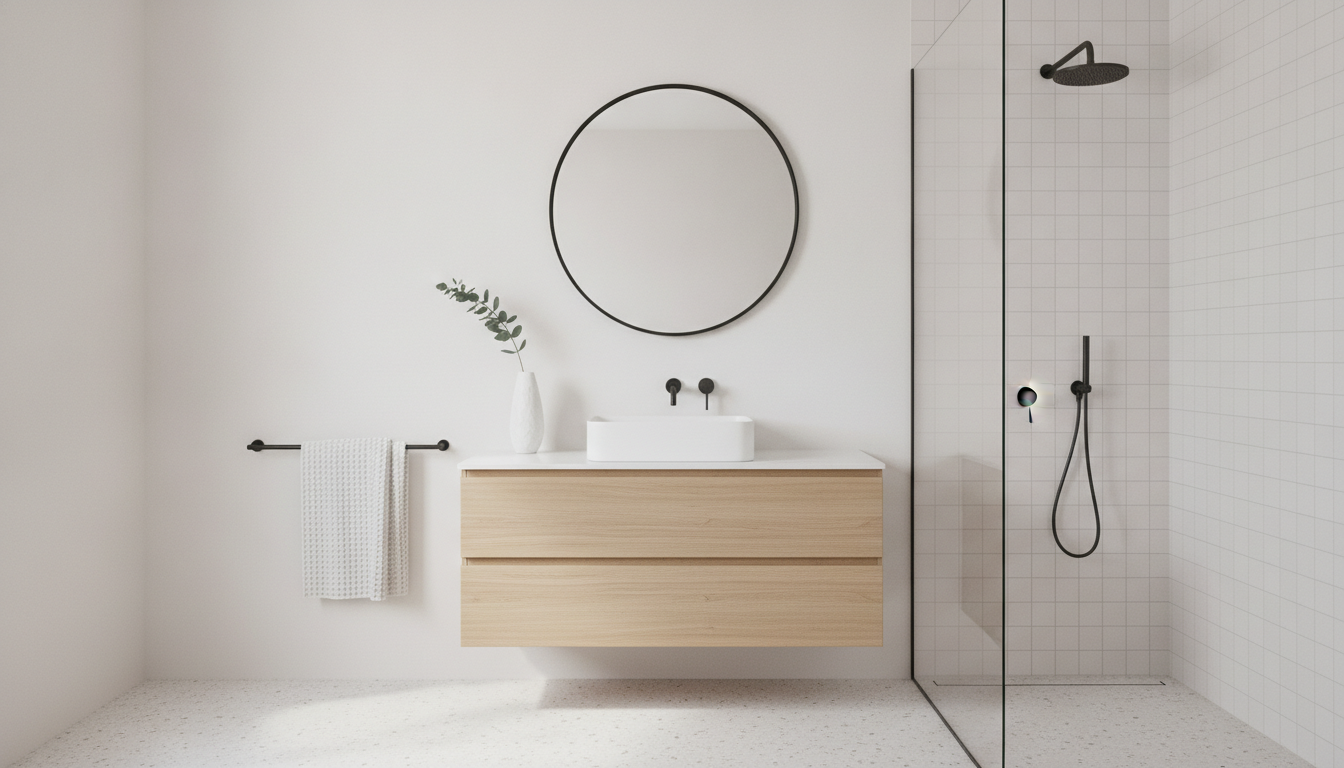 Scandinavian minimalist bathroom created with the AI bathroom design generator: white walls, a pale terrazzo floor, a wall hung oak vanity with a white vessel basin, a thin black framed round mirror and a glass panel walk in shower with matte black fittings