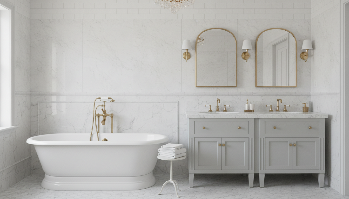 Classic marble bathroom design from AI: white Carrara marble walls, a freestanding roll top bathtub with a brass floor mounted filler, a dove grey double vanity with a marble top, twin arched brass mirrors and wall sconces