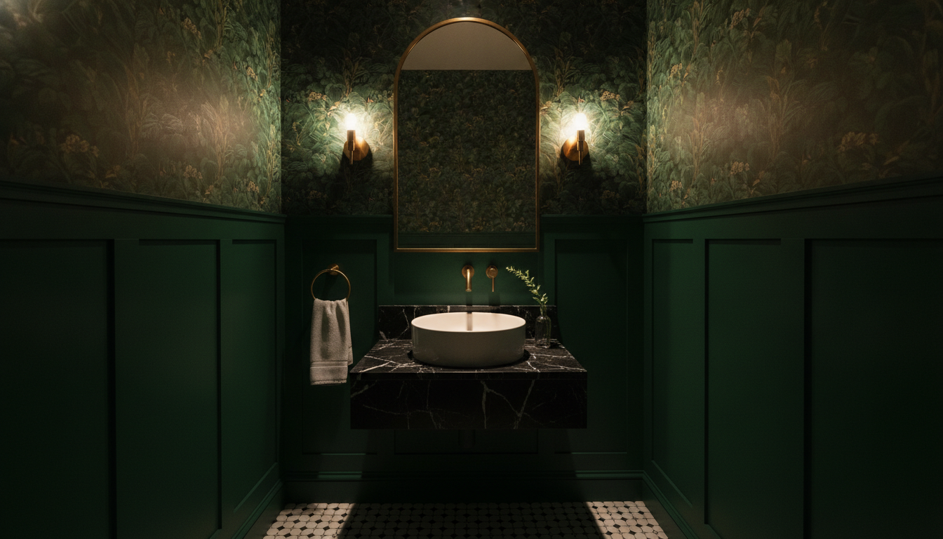 Dark powder room designed by the AI bathroom design generator: deep forest green panelled walls with botanical wallpaper above, a black marble vanity shelf with a white vessel basin, an arched brass mirror, brass sconces and a black and white patterned floor tile