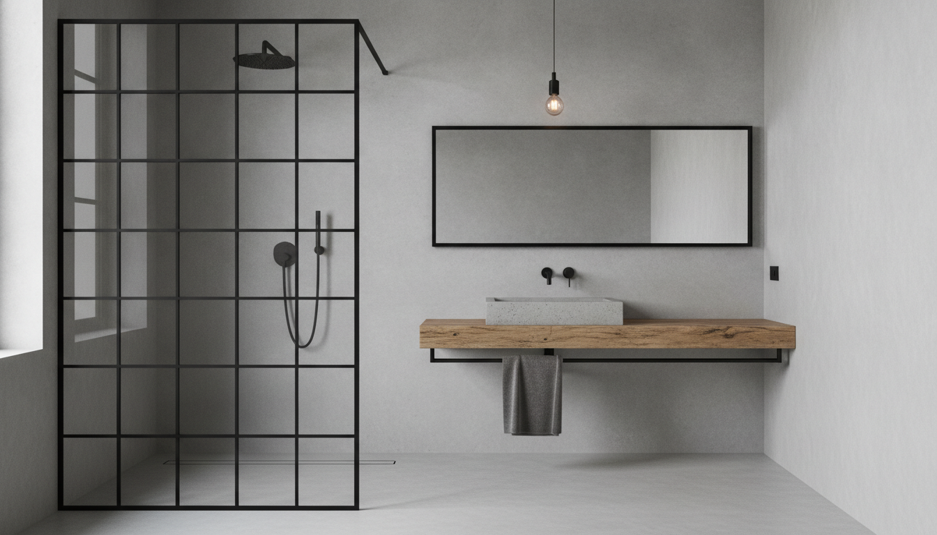 Industrial wet room bathroom visualised by AI: polished concrete walls and floor, a black crittall style grid shower screen with a matte black rainfall head, a reclaimed timber shelf with a concrete trough basin and an exposed bulb pendant