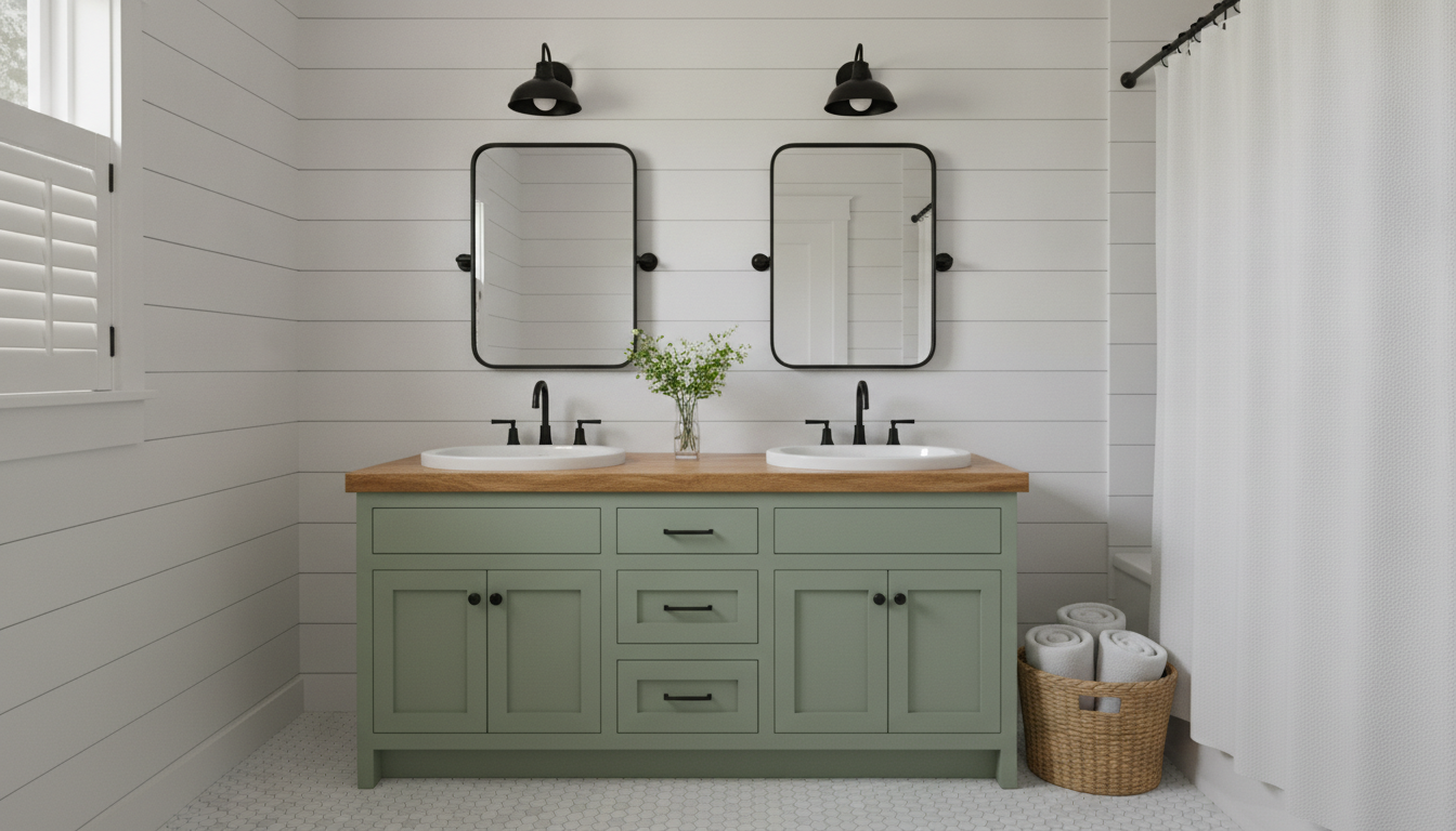 Modern farmhouse bathroom from the AI bathroom design generator: white shiplap walls, a sage green shaker double vanity with a warm timber top, two black framed tilting mirrors, black barn wall lights, hex mosaic floor tile and a rattan basket of rolled towels