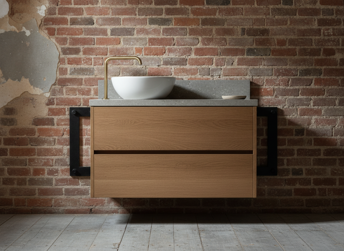AI bathroom vanity design generator result: a floating oak vanity with two stacked drawers on blackened steel brackets bolted into crumbling brickwork, limestone top and round white basin