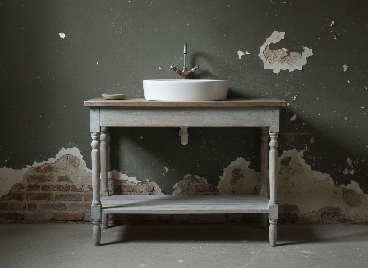 AI bathroom vanity design generator result: an old blue painted washstand on four turned legs with an open board shelf against a blistered limewashed wall