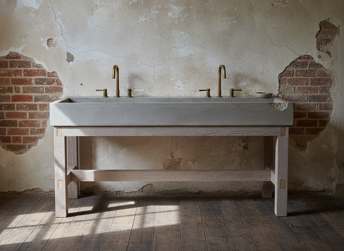AI bathroom vanity design generator result: a pegged oak trestle carrying a poured concrete slab with a long trough basin and two brass spouts