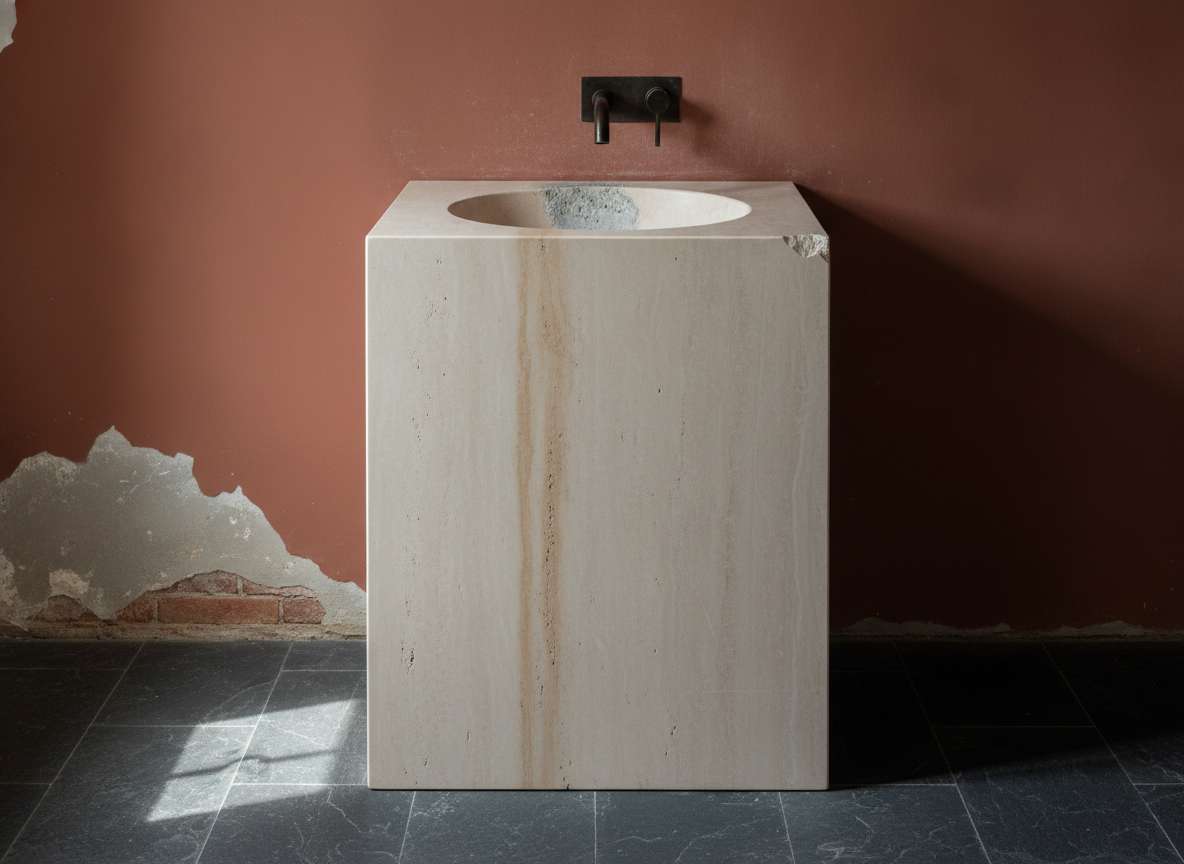 AI bathroom vanity design generator result: a solid travertine block with an unbroken front face and a bowl hollowed into its top, against a blistered terracotta wall