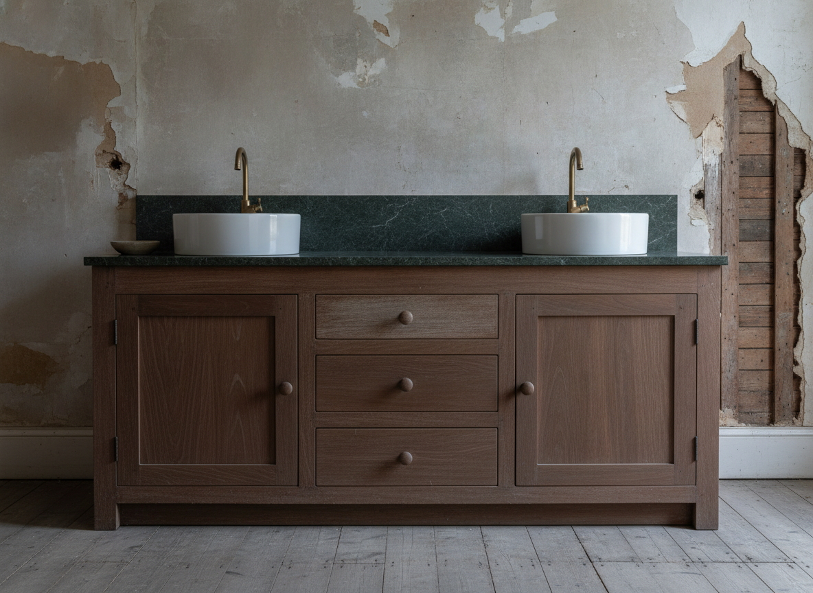 AI bathroom vanity design generator result: a walnut double vanity with a three drawer stack, two doors, a green serpentine top and two round basins