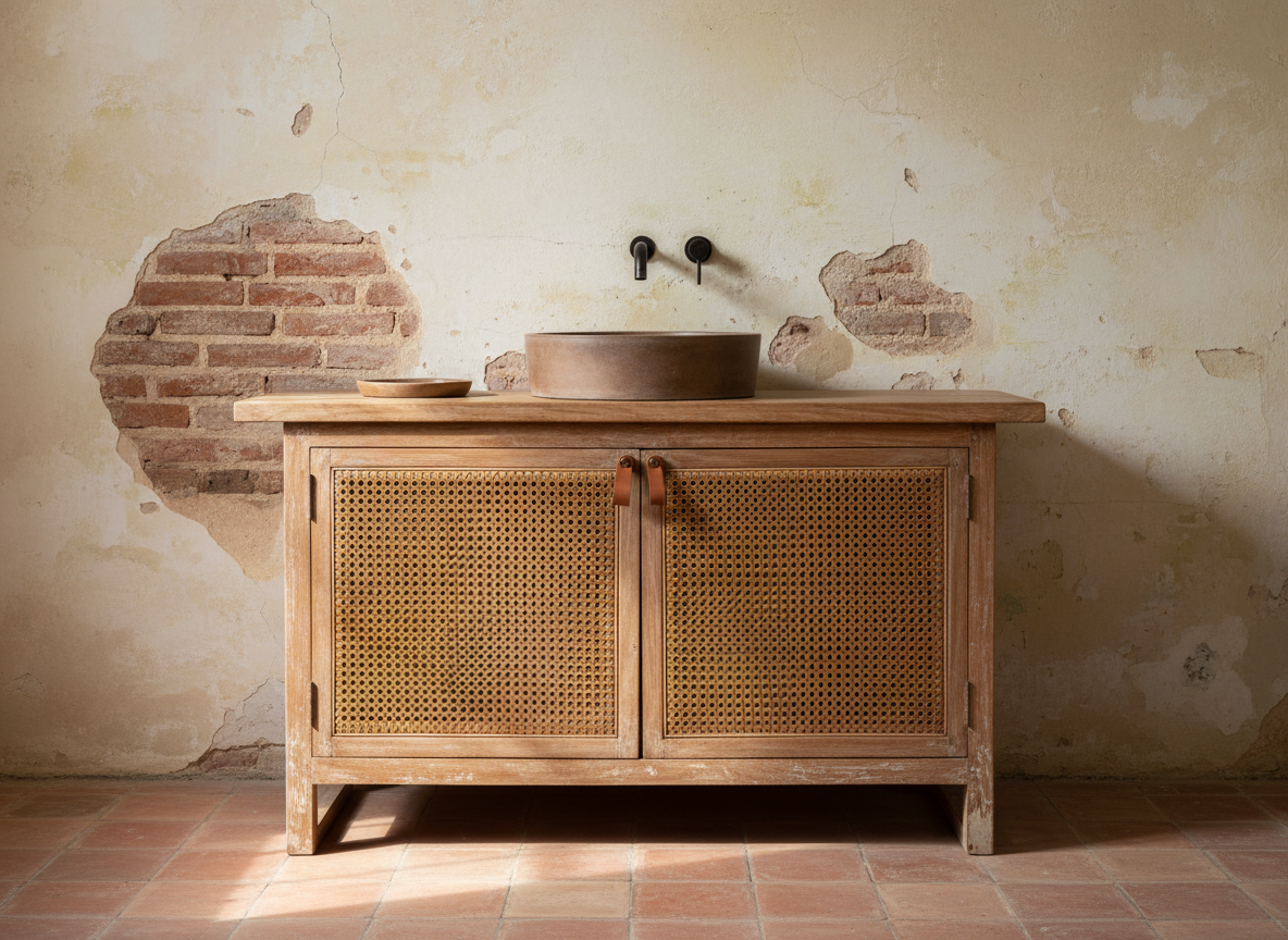 AI bathroom vanity design generator result: a cane fronted teak vanity with a brown stoneware basin against lime plaster fallen away to brick