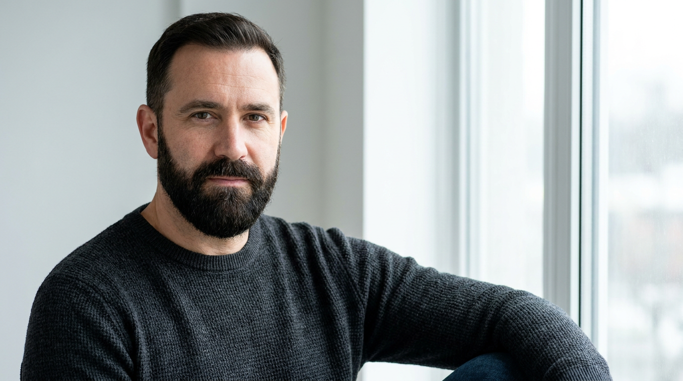 AI beard generator adding a full thick well-groomed dark beard to a man's photo while keeping his real face
