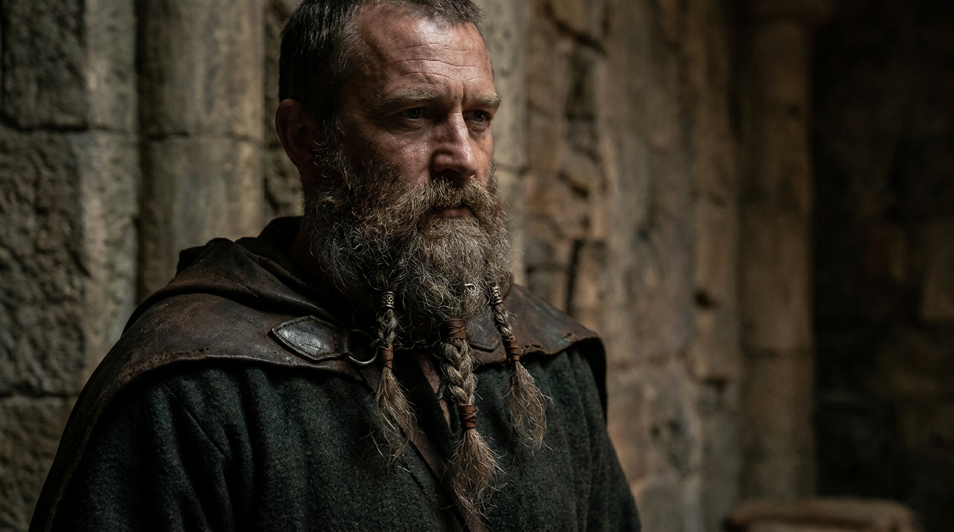 Long braided Viking-style beard generated on a man's portrait with the AI beard generator