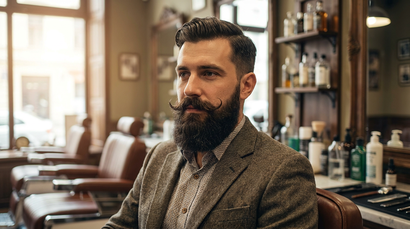 Groomed hipster beard and handlebar mustache barbershop look made with the AI beard generator