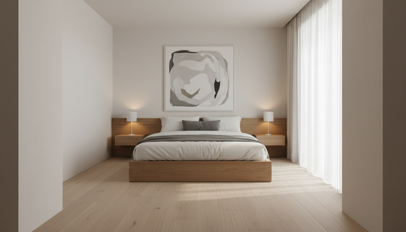 AI bedroom design generator result in a modern minimalist style: off-white plaster walls, a wide pale oak floor, a low oak platform bed with crisp white linen, slim floating nightstands with matte ceramic lamps and floor-length sheer curtains