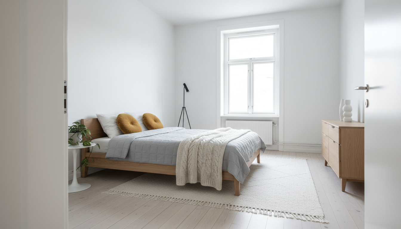 Scandinavian bedroom generated by AI: crisp white walls, blonde ash floorboards, a light oak bed with a soft grey quilt, a cream knit throw and mustard cushions, a small round white bedside table, a slim black tripod floor lamp and a light oak dresser