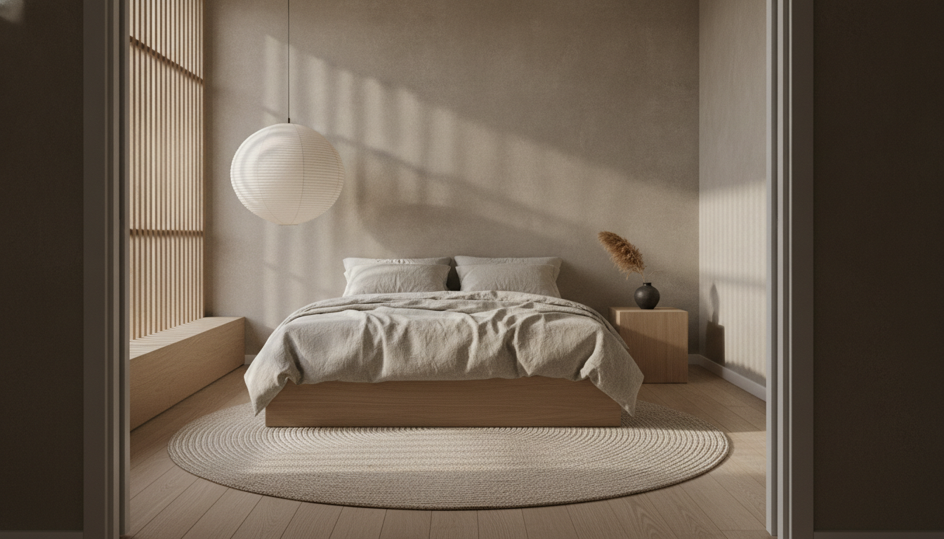 Japandi bedroom from the AI bedroom design generator: warm greige limewashed walls, an oak floor with a pale jute rug, a very low oak platform bed in oatmeal linen, a slatted oak screen and a low-hanging paper globe pendant light