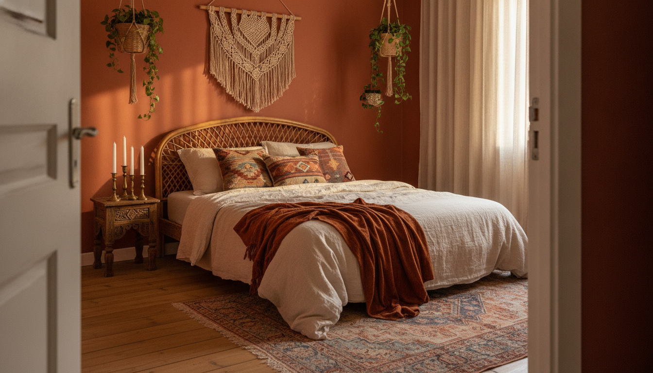 Bohemian bedroom designed with AI: a terracotta wall, a faded Persian rug over warm timber, a rattan headboard layered with cream linen and kilim cushions, a large macrame hanging and trailing plants in woven baskets
