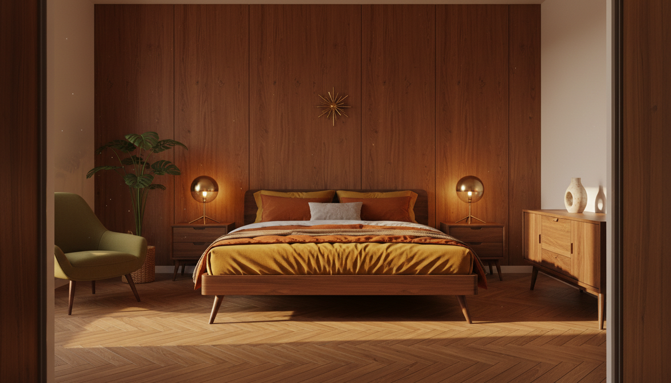 Mid-century modern bedroom created by the AI bedroom design generator: a walnut panelled wall, herringbone parquet, a low bed on splayed legs with mustard and burnt orange bedding, brass globe lamps and an olive green armchair