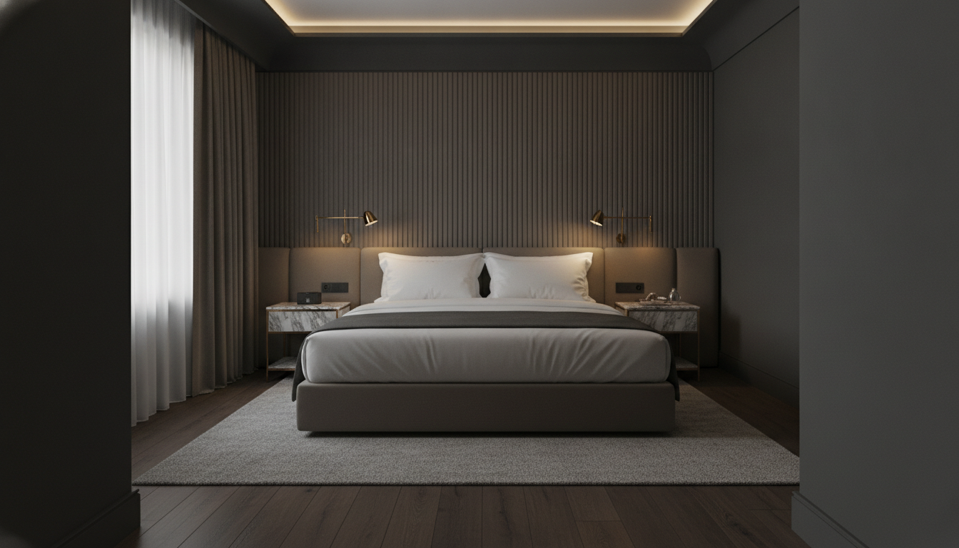 Luxe hotel style bedroom generated by AI: deep charcoal walls with a fluted panelled headboard wall, a dark oak floor with a thick grey rug, a wide taupe upholstered bed with white hotel bedding, brass reading lights and marble nightstands