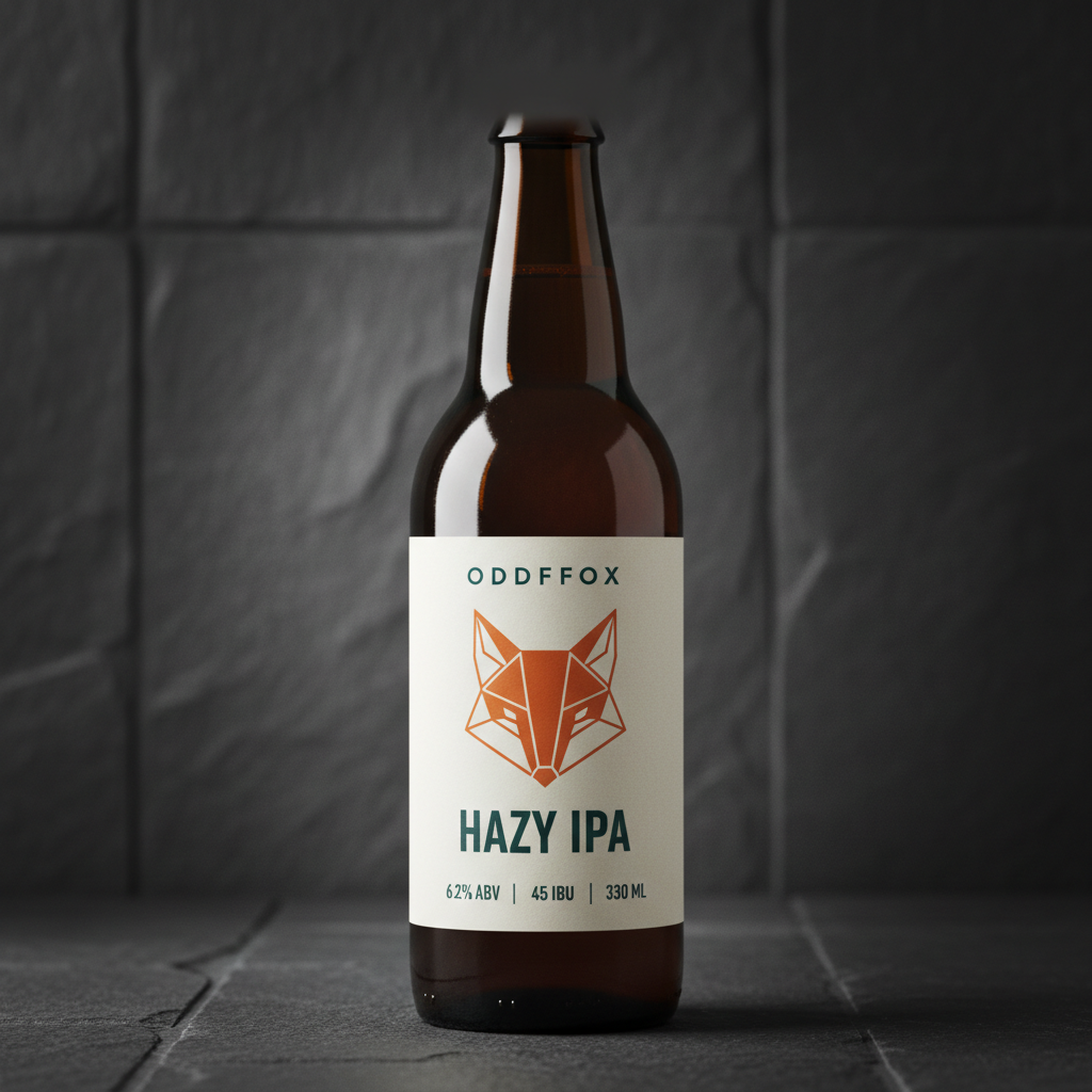 AI beer label generator result: a brown glass beer bottle on dark slate wearing a bone-white rectangular label, with a geometric burnt-orange fox head emblem in the centre, HAZY IPA in heavy dark teal condensed capitals beneath it, and a foot row reading 6.2% ABV, 45 IBU, 330 ML divided by thin vertical rules. Everything on this label is correct except the one word that matters most: the brewery name at the top was dictated as ODDFOX and came back as ODDFFOX, with a doubled F. The beer name, both numbers and the volume are all right, the emblem is a clean flat vector shape rather than a rendered illustration, and the crown cap stayed unprinted as briefed. It is a reminder of where the risk sits on a beer label. The words you would skim past are safe; the invented brand name, which no dictionary or training corpus contains, is the one to enlarge and read letter by letter.