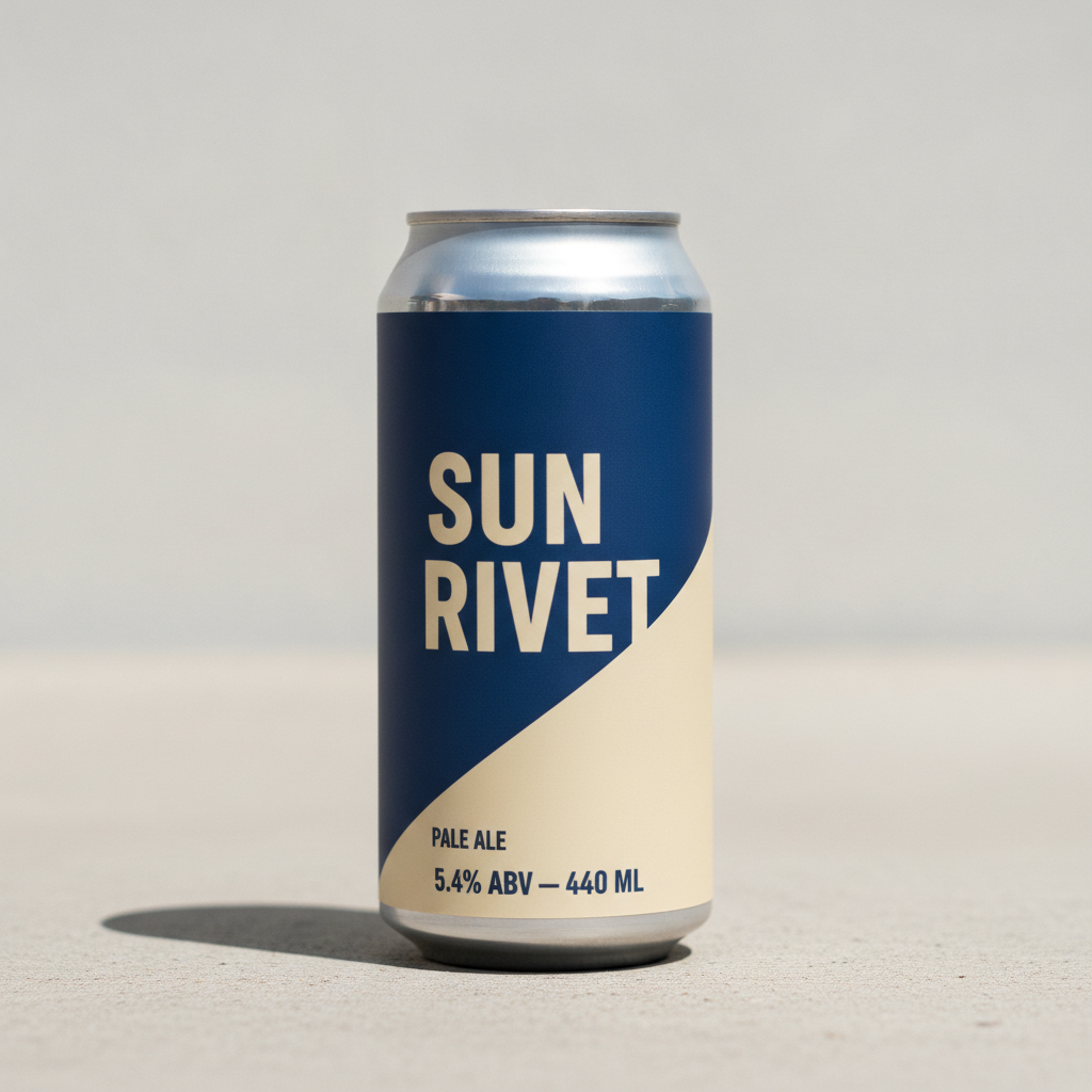 AI beer label generator result: a tall slim 440ml aluminium can on pale concrete in daylight, wrapped in a deep cobalt blue field over a warm cream lower section, with SUN RIVET stacked on two lines in large cream sans-serif capitals, PALE ALE in small navy capitals below the split, and 5.4% ABV — 440 ML on one line at the foot. Every word and figure is correct and the lid is clean. Two drifts worth seeing. The colour split was briefed as a clean diagonal and returned as a soft curved swoosh, which is a different design; and the final T of RIVET runs right into that curve, so the type collides with the colour boundary instead of clearing it. The wrap also stops short of the can ends, leaving bare aluminium bands top and bottom where a real printed can sleeve would run almost the full body height.