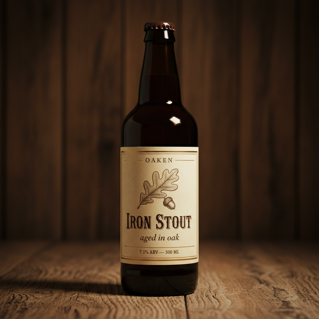 AI beer label generator result: a dark brown bottle on aged oak in warm low light, wearing an aged cream label with a fine gold double-rule border, OAKEN in small spaced serif capitals at the top, a detailed antique engraved oak leaf and acorn in brown line work in the centre, IRON STOUT in ornate serif beneath it, the italic line aged in oak below that, and 7.1% ABV — 500 ML at the foot. This is the strongest label in the set. Every word is spelled correctly including the brewery name, the engraving genuinely reads as line work rather than a texture filter, and the crimped crown cap stayed plain. The one design drift is that IRON STOUT came back in small capitals rather than the full capitals requested, which happens to look better. The heavy spotlight vignette is a photography choice you would struggle to match across a range.