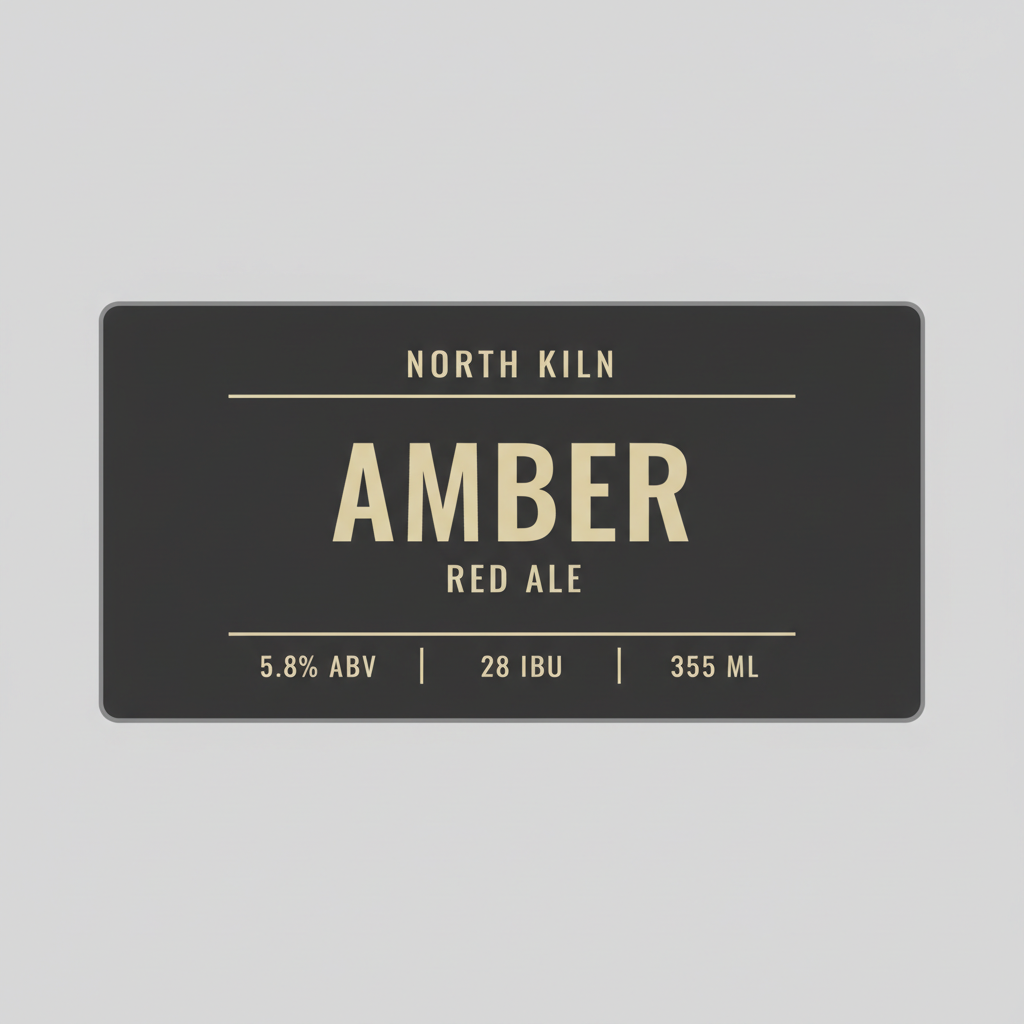 AI beer label generator result: flat label artwork with no bottle, showing a single wide matte charcoal label with rounded corners on a plain grey backdrop. NORTH KILN sits in small spaced pale gold capitals at the top above a thin gold rule, AMBER fills the centre in very large pale gold display capitals, RED ALE sits under it in small spaced capitals, and a foot row divided by two gold rules reads 5.8% ABV, 28 IBU, 355 ML. All seven pieces of text are correct and the typographic rhythm — rule, name, style, rule, spec row — is the layout a real brewery would use. What it is not is a print file. The label was asked to fill the frame and instead floats in the middle of it with deep empty bands above and below, so the usable label is a fraction of the pixels you downloaded, and the rounded corners and drop shadow are baked into the image rather than being a die line.