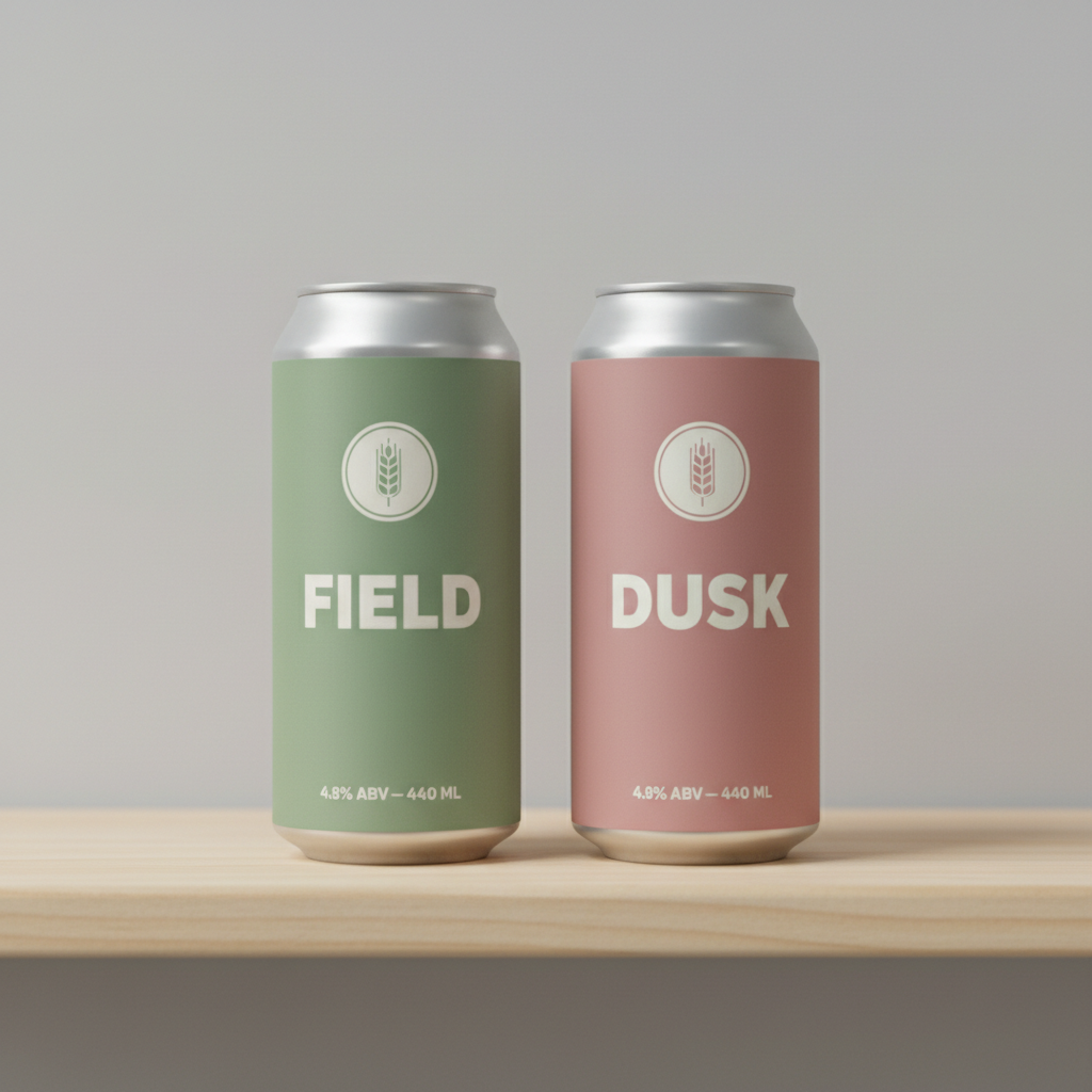 AI beer label generator result: two tall slim cans standing side by side on a birch shelf, one sage green and one dusty rose, each carrying an identical circular wheat-sheaf emblem, a large off-white beer name — FIELD on the left, DUSK on the right — and an identical foot line reading 4.8% ABV — 440 ML. Both names are spelled correctly and both foot lines match exactly, so the family reads as one range at a glance. Enlarge the two names and the series breaks: DUSK is set visibly larger and heavier than FIELD and its baseline sits lower, because the model scaled each name to fill the same width rather than holding one fixed type size across the range. Four letters got bigger letters. On a shelf of six beers that is the difference between a range and six labels that merely rhyme.