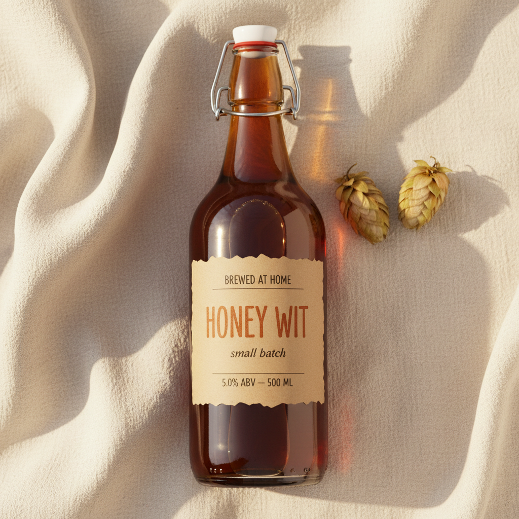 AI beer label generator result: a clear swing-top bottle of deep amber beer lying on pale linen beside two dried hop cones, shot from directly above, wearing a kraft-brown label with a torn deckle edge reading BREWED AT HOME at the top, HONEY WIT in warm hand-lettered capitals across the centre, the italic line small batch beneath it, and 5.0% ABV — 500 ML at the foot. All four lines of text are correct and the kraft-and-ink palette is exactly right for a gift bottle. The hardware is not. Enlarge the neck and the swing-top cage is decorative rather than functional: the ceramic stopper is sitting on top of the mouth rather than plugged into it, and the wire bail arcs around the neck without ever crossing over the stopper, so nothing is actually clamping it shut. The beer is also filled to the very top with no headspace, which no bottled beer has.