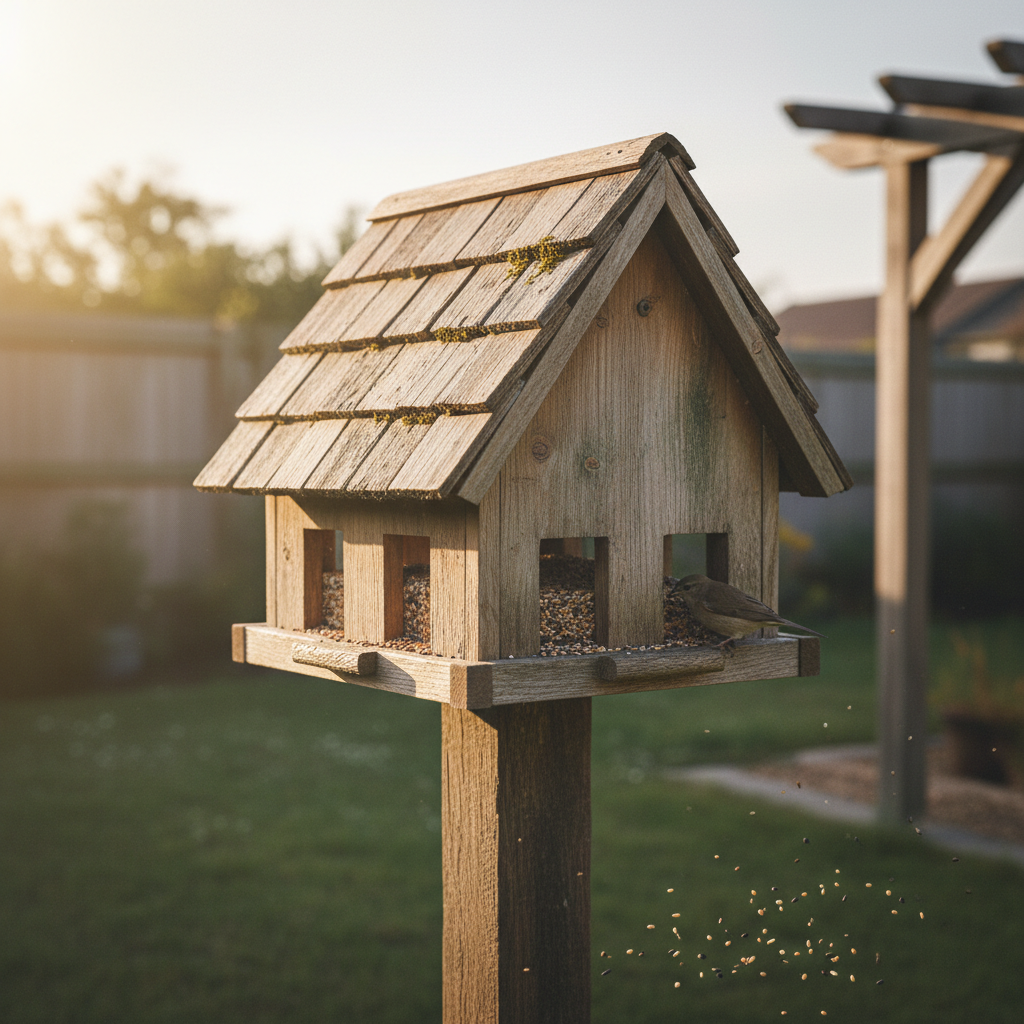 AI bird feeder design generator result: a gable hopper feeder in rough sawn cedar with a split cedar shingle roof lichened along the courses, square feeding ports cut clean through the front board above oak landing ledges, seed visible behind the cut edges and one small brown bird feeding, standing on the sawn top of a weathered oak post in mown grass in low evening sun.