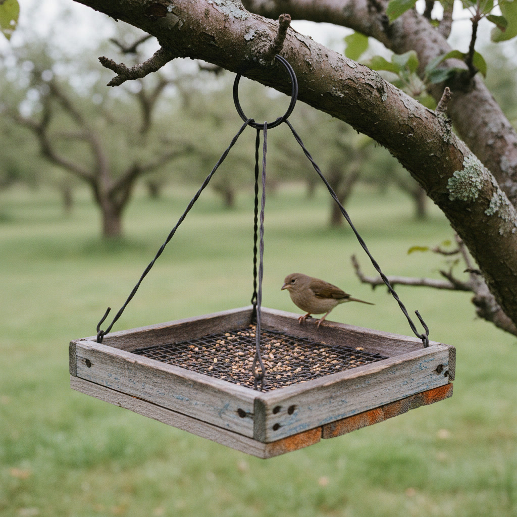 AI bird feeder design generator result: an open tray feeder built from grey reclaimed barn boards with the last of a dull blue paint left in the grain, a rusted steel mesh floor set into a rebate with loose seed on it, hanging on four blackened wires gathered into one steel ring under an old apple branch, one small brown bird on the lip.
