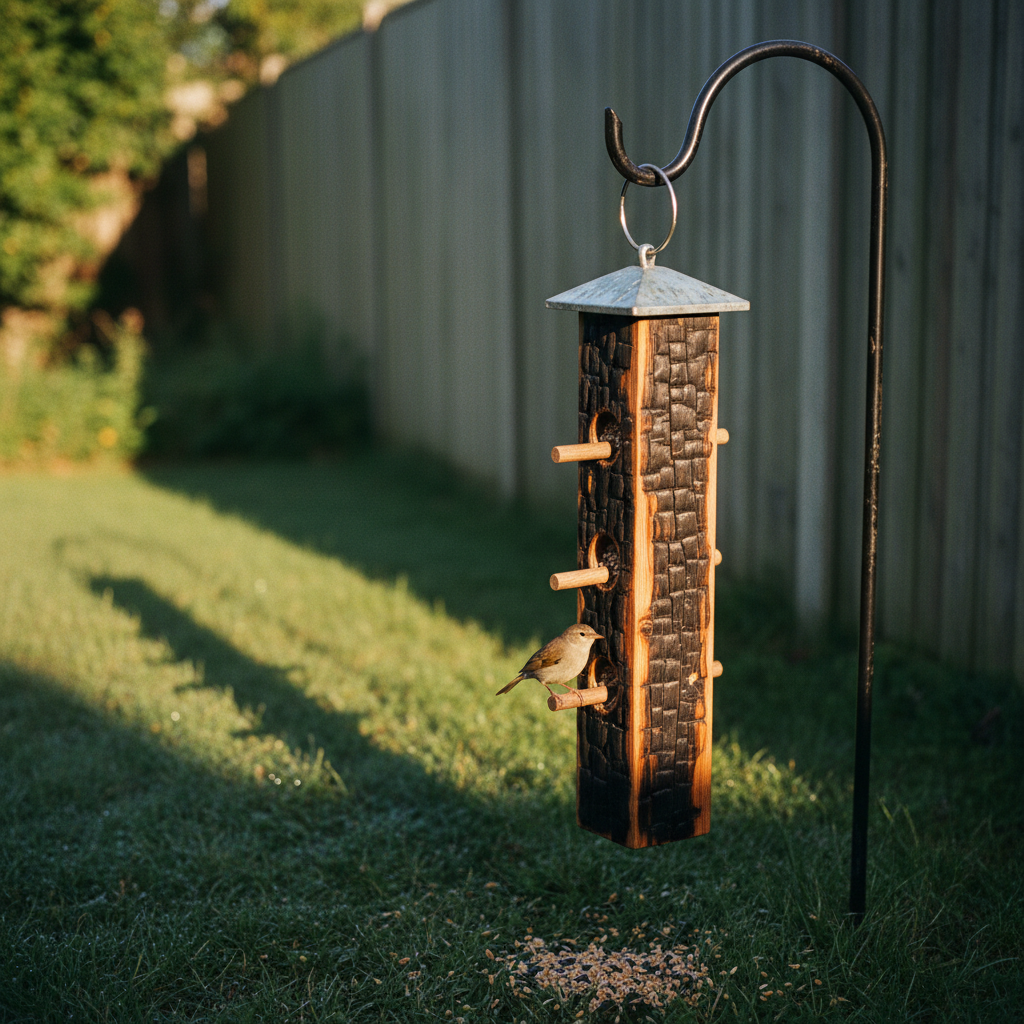 AI bird feeder design generator result: a tall charred larch tube feeder cracked into black alligator scales with raw orange timber in the cracks, exactly three round feeding ports each with an oak dowel perch driven through below it, a folded zinc cap on top, hanging by a ring from a black wrought iron shepherd crook pushed into grass in hard low morning sun.