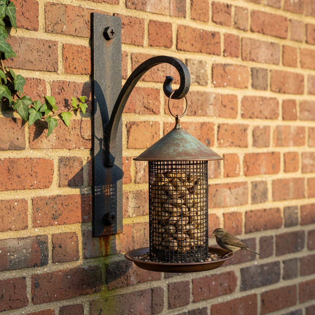 AI bird feeder design generator result: a black steel mesh peanut feeder with a verdigris copper cone roof and copper dish, hanging from a heavy forged iron scroll bracket bolted through a long plate into the mortar joints of an old red brick wall with the bolt heads showing, ivy across the bricks and one small brown bird on the dish.