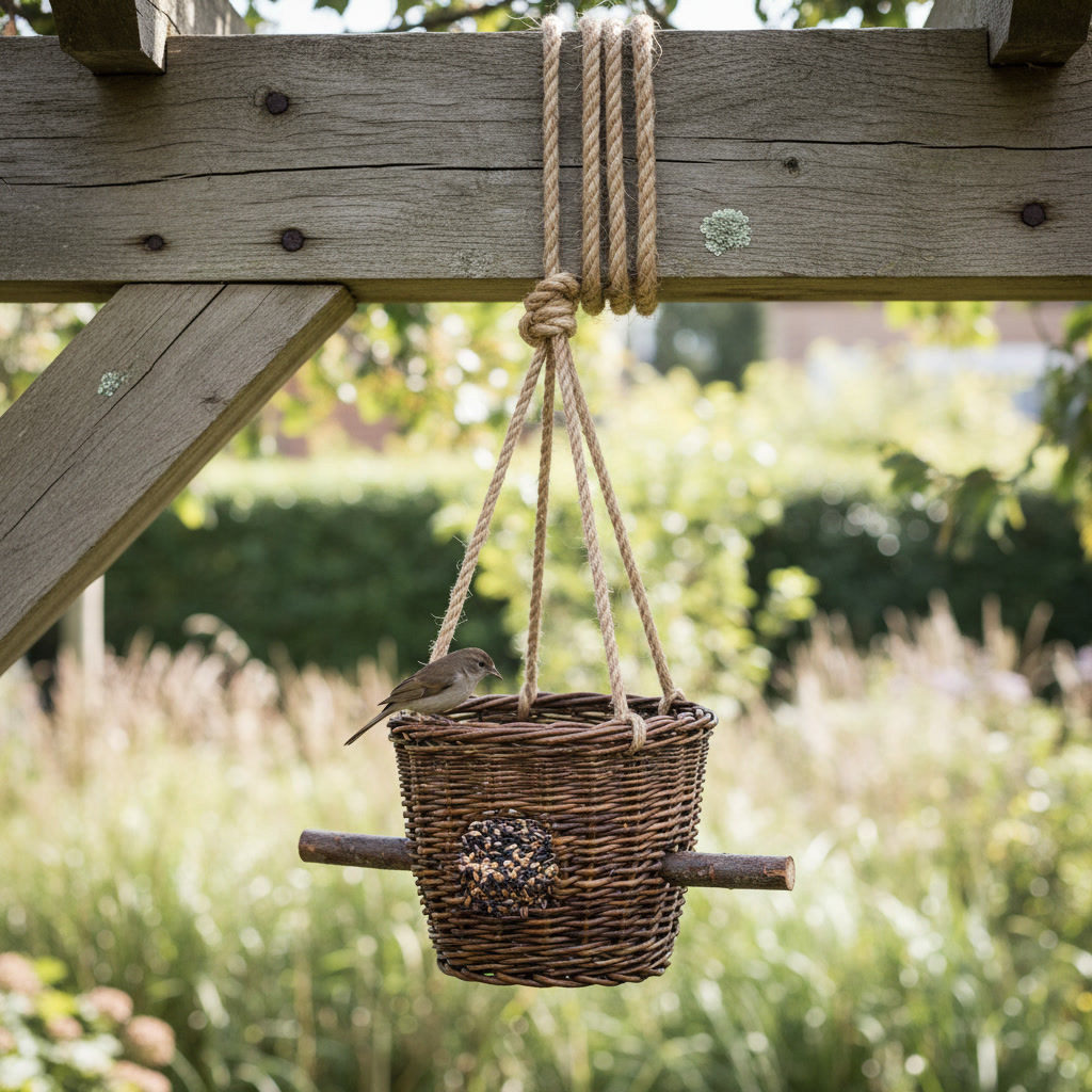 AI bird feeder design generator result: a closely woven willow basket feeder, a true round hoop, with one hazel stick pushed right through it as a perch and its cut ends standing proud on both sides, hanging on three hemp ropes gathered into one knot and wrapped round a weathered oak pergola beam in dappled summer light.