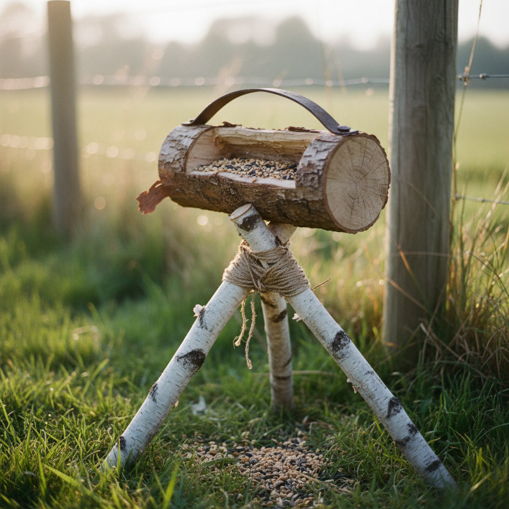 AI bird feeder design generator result: a hollowed oak log feeder with the bark still on it and the growth rings showing on the sawn end, seed lying along the trough, carried on exactly three birch poles crossing at one point lashed with tarred twine, standing in long meadow grass beside a fence in warm low backlight.