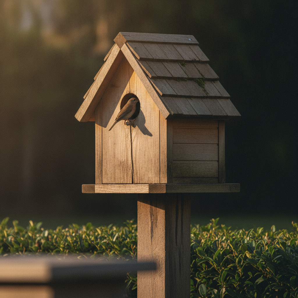 AI birdhouse design generator result: a classic gable birdhouse in rough sawn cedar with a split cedar shingle roof mossed along the courses, one round entrance hole bored clean through the front board with a long split running down from it, one small brown bird perched at the hole and no perch peg, standing on the sawn top of a weathered oak post above a clipped hedge in low evening sun.