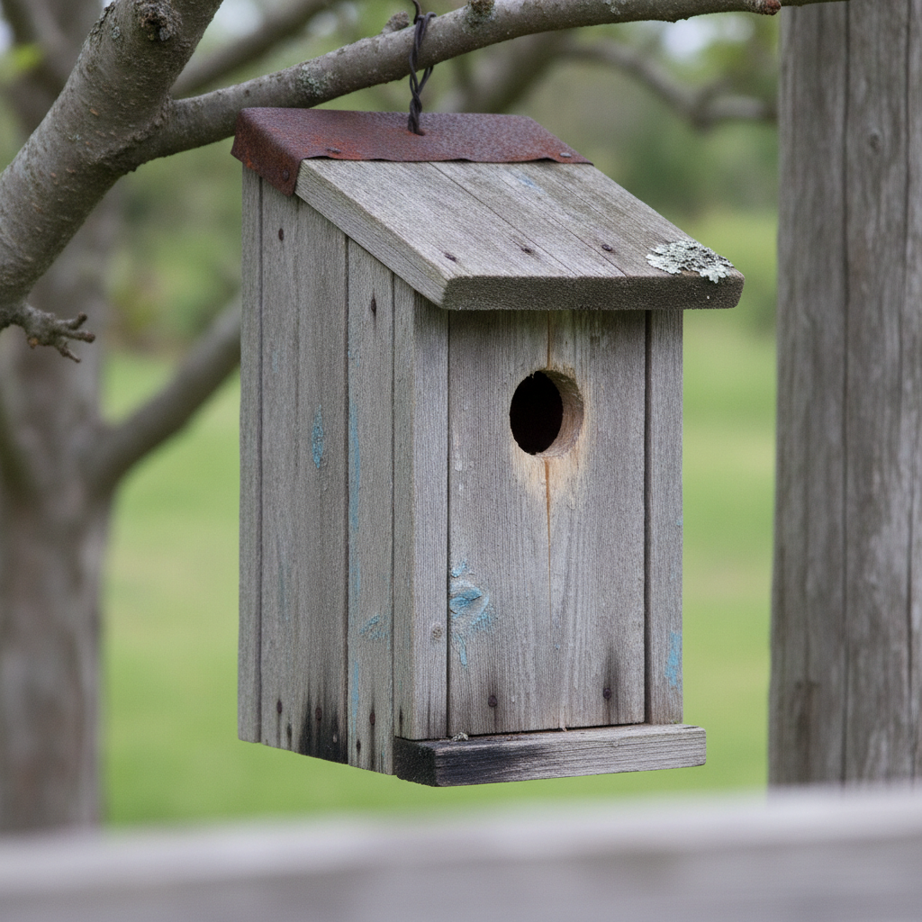 AI birdhouse design generator result: a birdhouse built from grey reclaimed barn boards of different widths with the last of a dull blue paint left in the grain, a lean-to roof with rusted flashing folded over its top edge and a flat lichen patch on the eaves, and one entrance hole showing raw pale timber at its cut edge, hanging on a blackened wire wrapped round an apple branch.