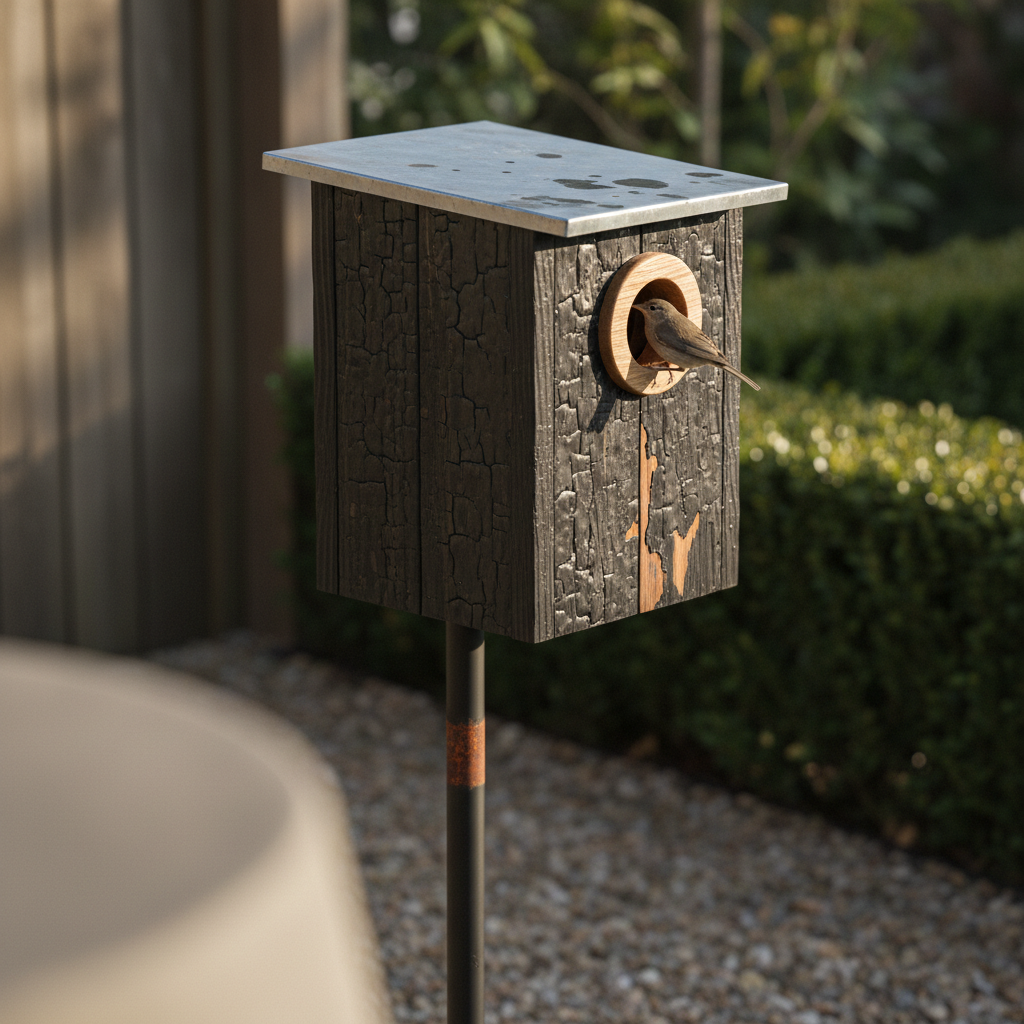 AI birdhouse design generator result: a modern flat-roofed nest box clad in charred larch cracked into black alligator scales with raw timber showing through, a folded zinc roof blotched where water has dried on it, an entrance hole lined with a ring of pale oiled oak, and one small brown bird sitting in the opening, carried on a slim black steel pole in a gravel garden.