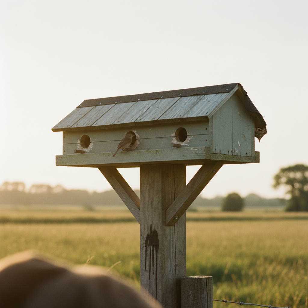 AI birdhouse design generator result: a terrace of three joined nest boxes under one continuous roof with exactly three entrance holes, grey green paint chipped back to bare timber around each hole, torn black roofing felt over the ridge lifting at one corner, and two diagonal timber braces screwed from the underside of the floor to the face of a tall post in a meadow at sunset.