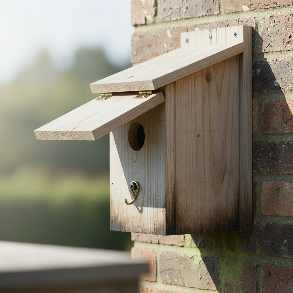 AI birdhouse design generator result: a plain larch nest box screwed to an algae-green brick garden wall through a batten with the screw heads showing, its roof hinged open on exactly two brass butt hinges, a lone brass hook on the front board, one entrance hole and dark staining along the bottom edge of the box.