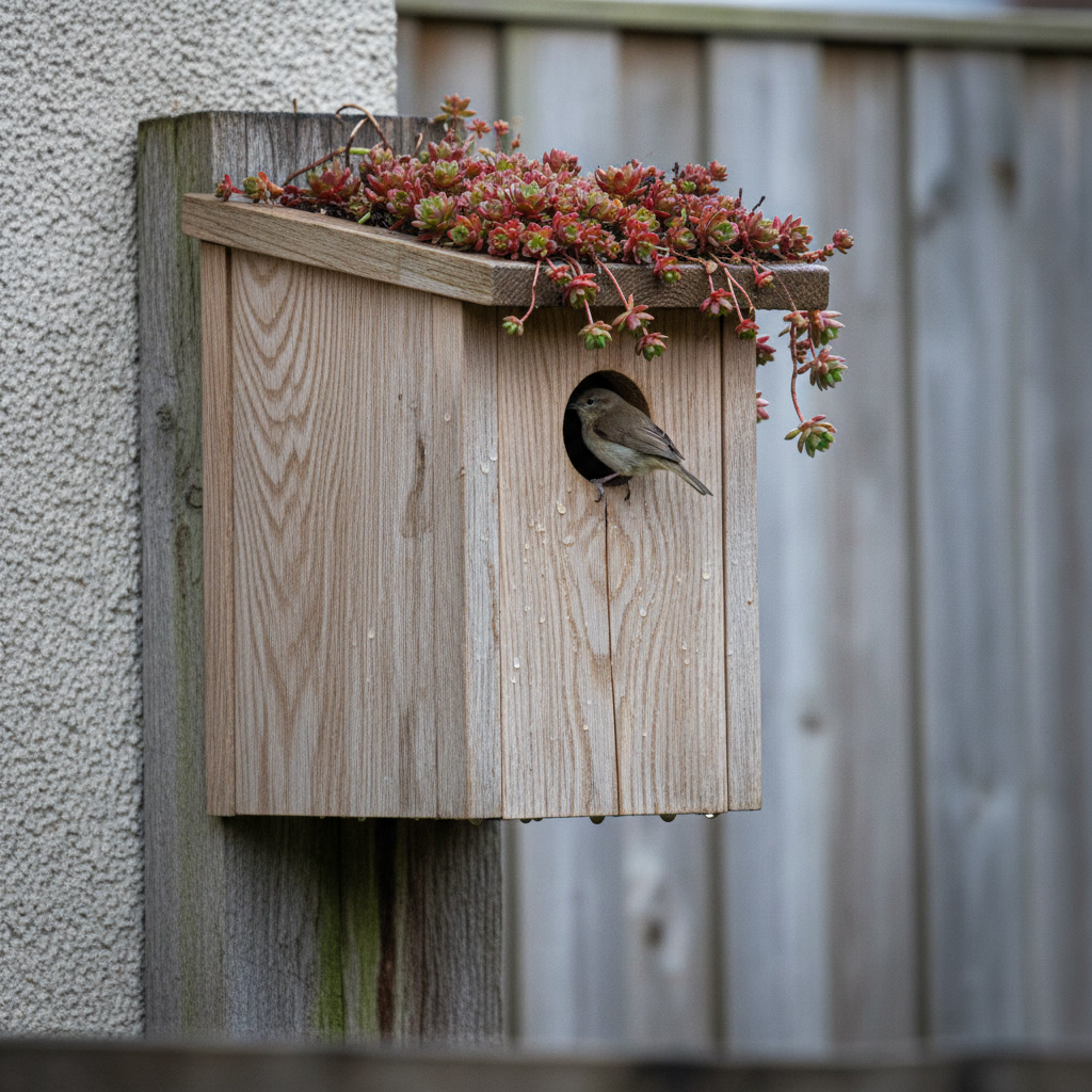 AI birdhouse design generator result: an oak birdhouse with a living sedum roof planted in a shallow oak tray, red and green rosettes spilling over the front lip and hanging down in front of the entrance hole, rain still beading on the boards and dripping from the bottom edge, one small brown bird at the hole, fixed to the face of a weathered fence post.