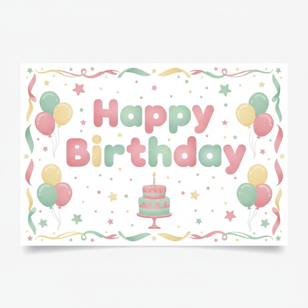 Cute pastel Happy Birthday card with balloons and cake designed with the AI birthday card generator