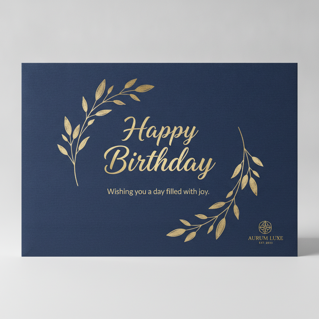 Elegant gold foil Happy Birthday card on navy background made with the AI birthday card generator