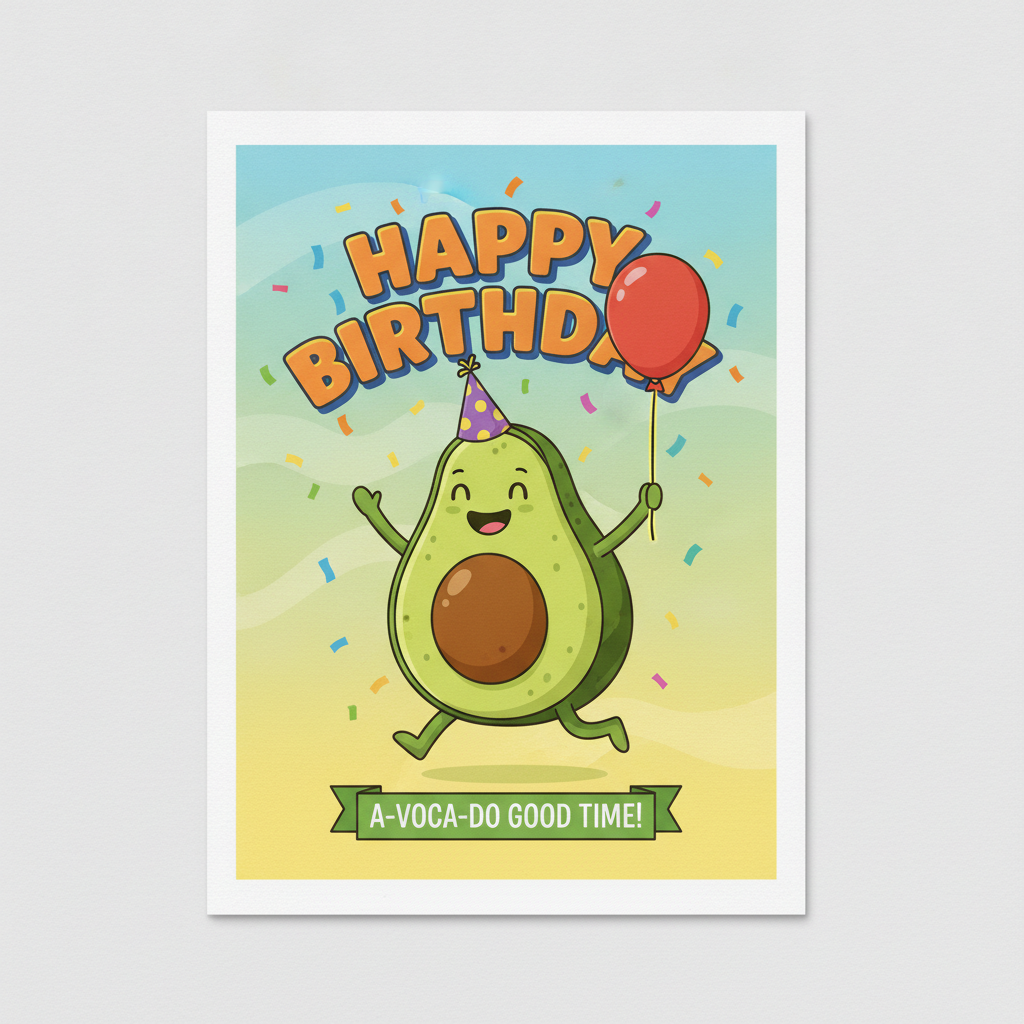 Funny cartoon avocado Happy Birthday card created with the AI birthday card generator