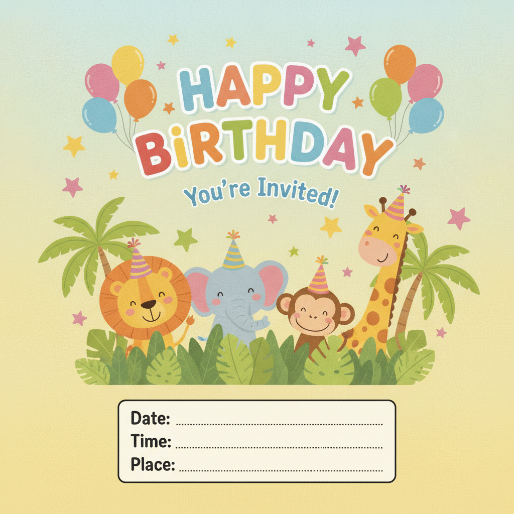 Colorful kids jungle animals birthday party card generated by the AI birthday card generator