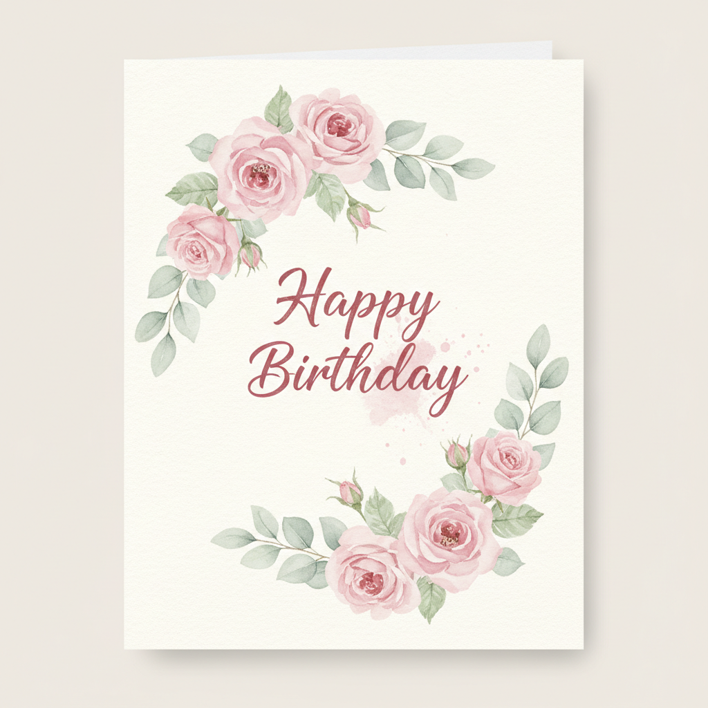 Floral watercolor Happy Birthday card with blush roses designed by the AI birthday card generator
