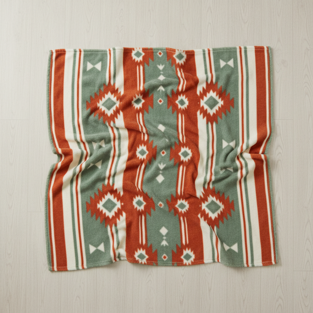 AI blanket design generator result: a cozy fleece throw blanket with a bold southwestern geometric pattern in terracotta, cream and sage green, laid flat on a light wood floor
