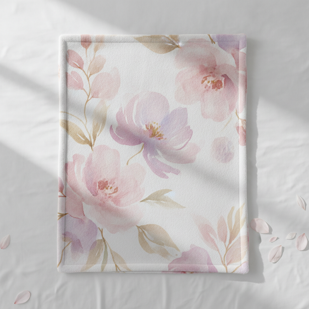 Watercolour floral blanket design made with AI: a plush throw blanket printed with soft botanical blooms in blush pink, lavender and gold, folded neatly on a white bed
