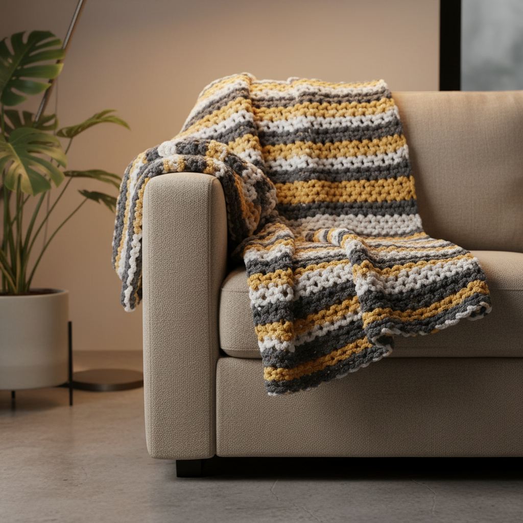 Minimalist blanket design from the AI blanket design generator: a knit-look throw with thin horizontal stripes in charcoal, ivory and mustard, draped over a modern beige sofa